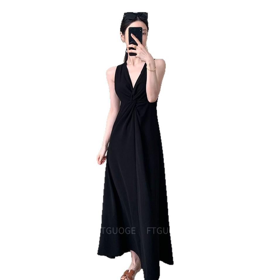 French Hepburn Style V-neck Sleeveless Dress Summer New Slim and Thin Temperament Muse Fan Kinky Long Dress