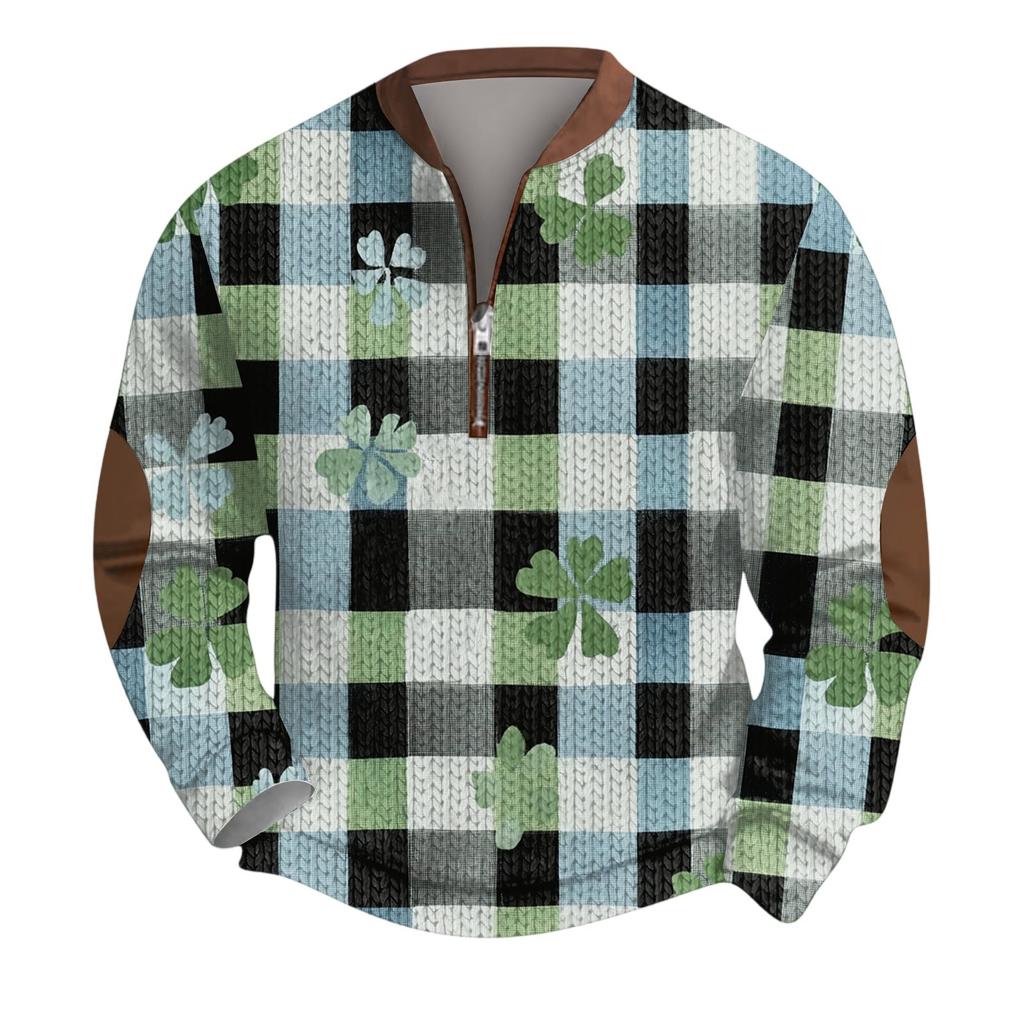 Mens Christmas Sweater Zip Up Sweatshirts Vintage Knit Graphic Sweatshirt St. Patrick's Day Stand Collar Pullover