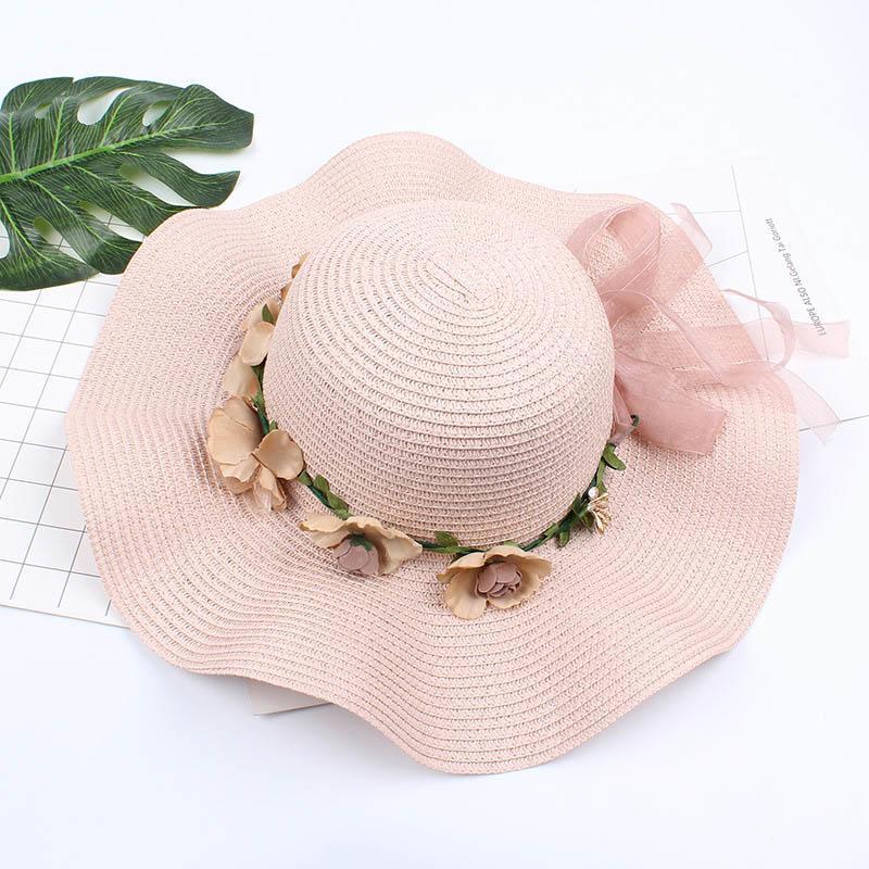 Fashion Summer Wavy Straw Hat Women's Sun CapBeach Eaves Flower Bow Caps
