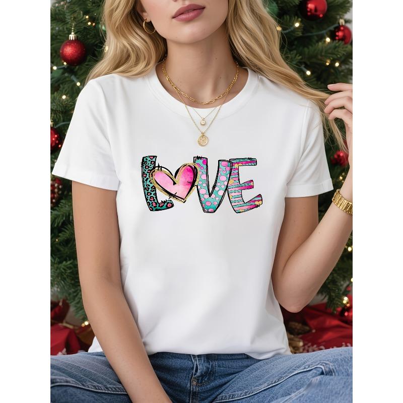 

European size Women s White Short Sleeve T-Shirt with LOVE Letter Print Multicolor Hearts - Round Neck Casual Blouse S белый