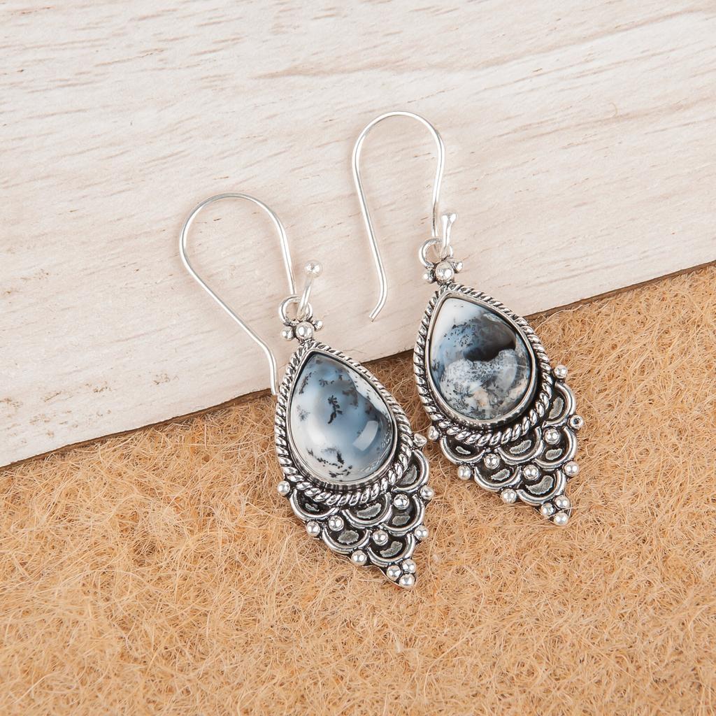 Rare Dendritic Opal Gemstone 925 Sterling Silver Jewelry Handmade Earrings1.9" EE-85-21