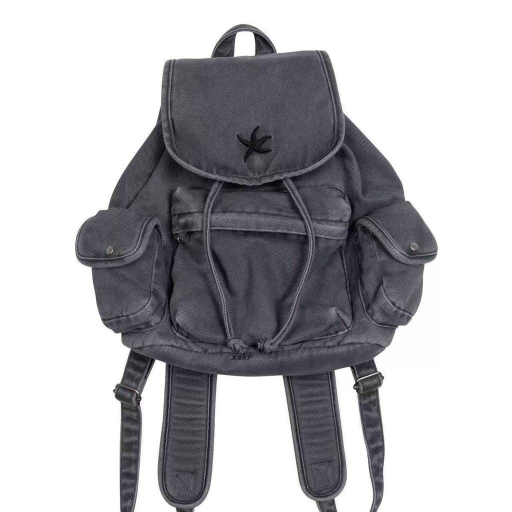 Zaino Vintage in Denim Lavato con Tasche Multiple per Viaggi Casual e Scuola