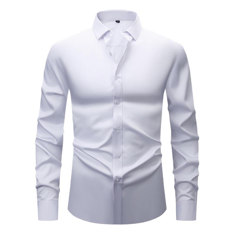 Men's White Four-Way Stretch Wrinkle-Resistant Long Sleeve Shirt - Formal and Casual Plus Size