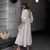 Retro Cotton and Linen Dress Sexy V-neck Puff Sleeve Beach Suspender Skirt Robe