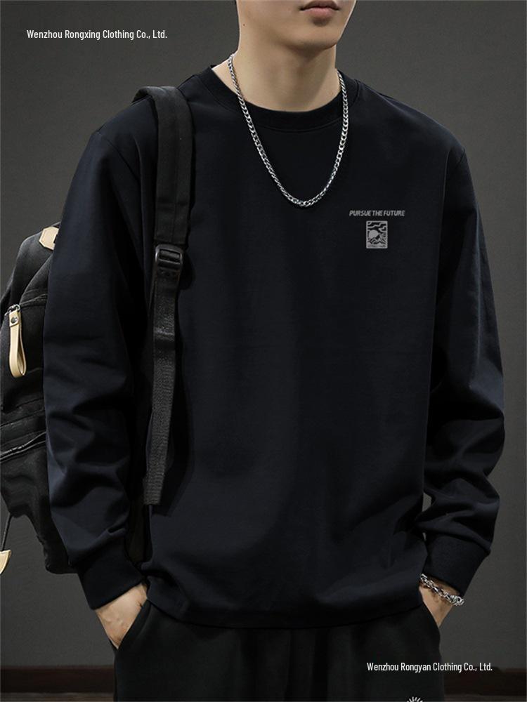 Autorización: Camiseta Base de Algodón Pesado de Manga Larga para Hombre Otoño 2025, Sudadera de Cuello Redondo de Corte Holgado