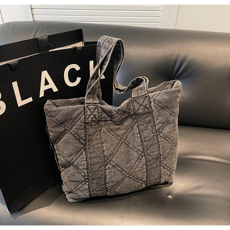 

Vintage denim winter new fashion diamond tote bag shopping bag large capacity commuter shoulder handbag чёрный