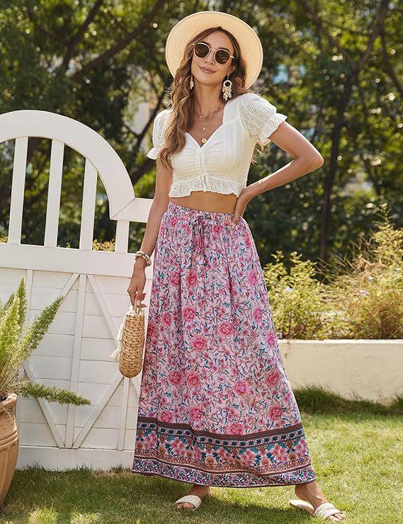 Women's 2025 Bohemian Floral Print Pleated Maxi Dress with Elastic High Waist