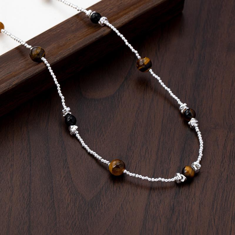 New Tiger's Eye Stone Gravel Silver Beaded Splicing Necklace Maillard Retro Versatile Collarbone Chain Design Sense Niche Item Decoration