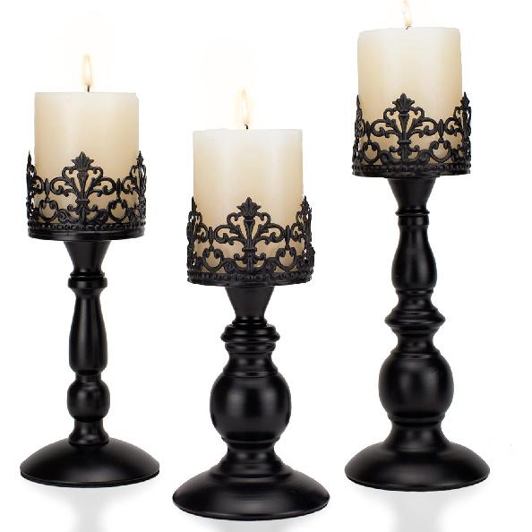 Vintage Pillar Candle Holders for Table Centerpiece Set of 3-11'' 9'' 8'' - Matte Black Metal Candle Stands Decorative - Candle Centerpiece for Table