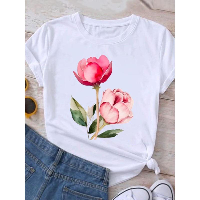 European Size Clothing T Shirt Tee Top Watercolor Trend 90s Flower Women Woman Print Fashion Female Short Sleeve Graphic T-shirts