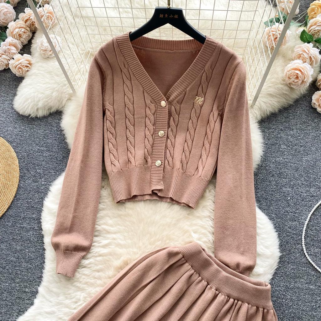 Móda Podzimní Pletený Twist Svetr Dívčí outfity Preppy Styl Dámské Single Breasted Coat Jacket+ Mini plisovaná sukně Sada dvou kusů
