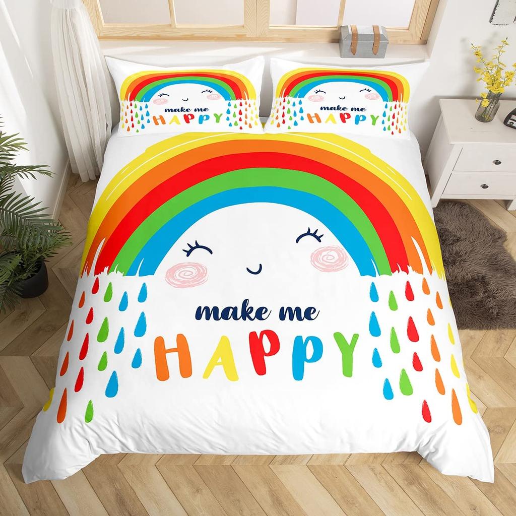 Rainbow Comforter Cover Watercolor Hand Drawn Duvet Cover Cartoon Raindrop Kawaii Bedding Set Girl Crown Love Hearts Quilt Cover