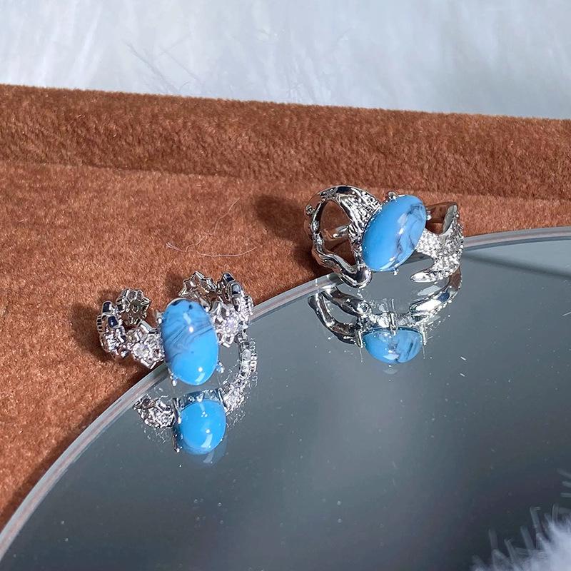 Celebrity Hong Kong Style High-End Egg-Type Turquoise Open Ring Light Luxury Niche Design Temperament Stacked With Personalized Rings
