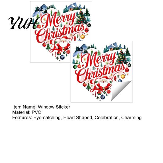 Holiday Glass Clings Merry Christmas Window Cling, Heart Shaped Sticker with Santa Claus Xmas Party Supplies Tree Balls, Winter Static PVC Decal