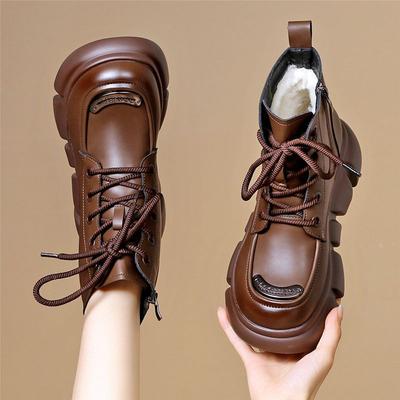 Waterproof Leather Chunky Lace-up Snow Boots for Women Goth Fleece-lined Winter Booties Comfortable and Elegant Chic Woman Shoes