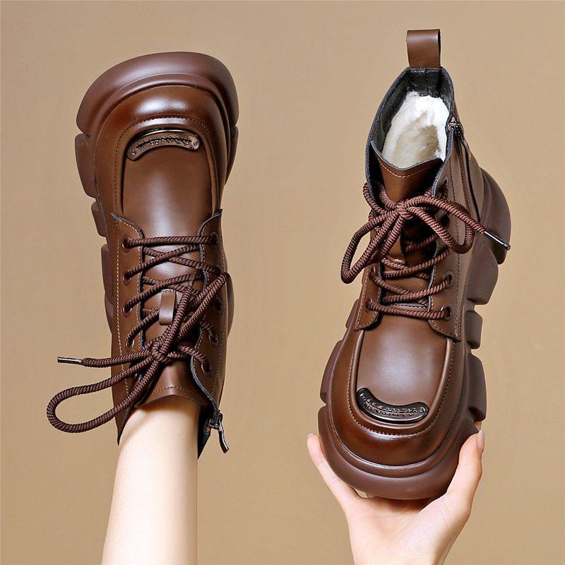 Waterproof Leather Chunky Lace-up Snow Boots for Women Goth Fleece-lined Winter Booties Comfortable and Elegant Chic Woman Shoes