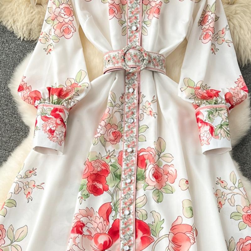 Jednořadé košilové šaty pro ženy Jaro Podzim Potisk Vintage Móda Elegantní Palácový Styl Dlouhé Šaty