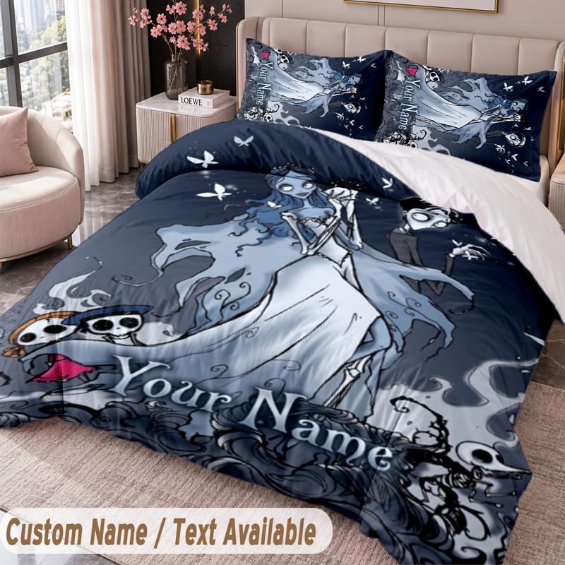 Custom Name Text 3Pcs Bedding Set Corpse Bride Emily Victor Duvet Cover And Two Pillowcases