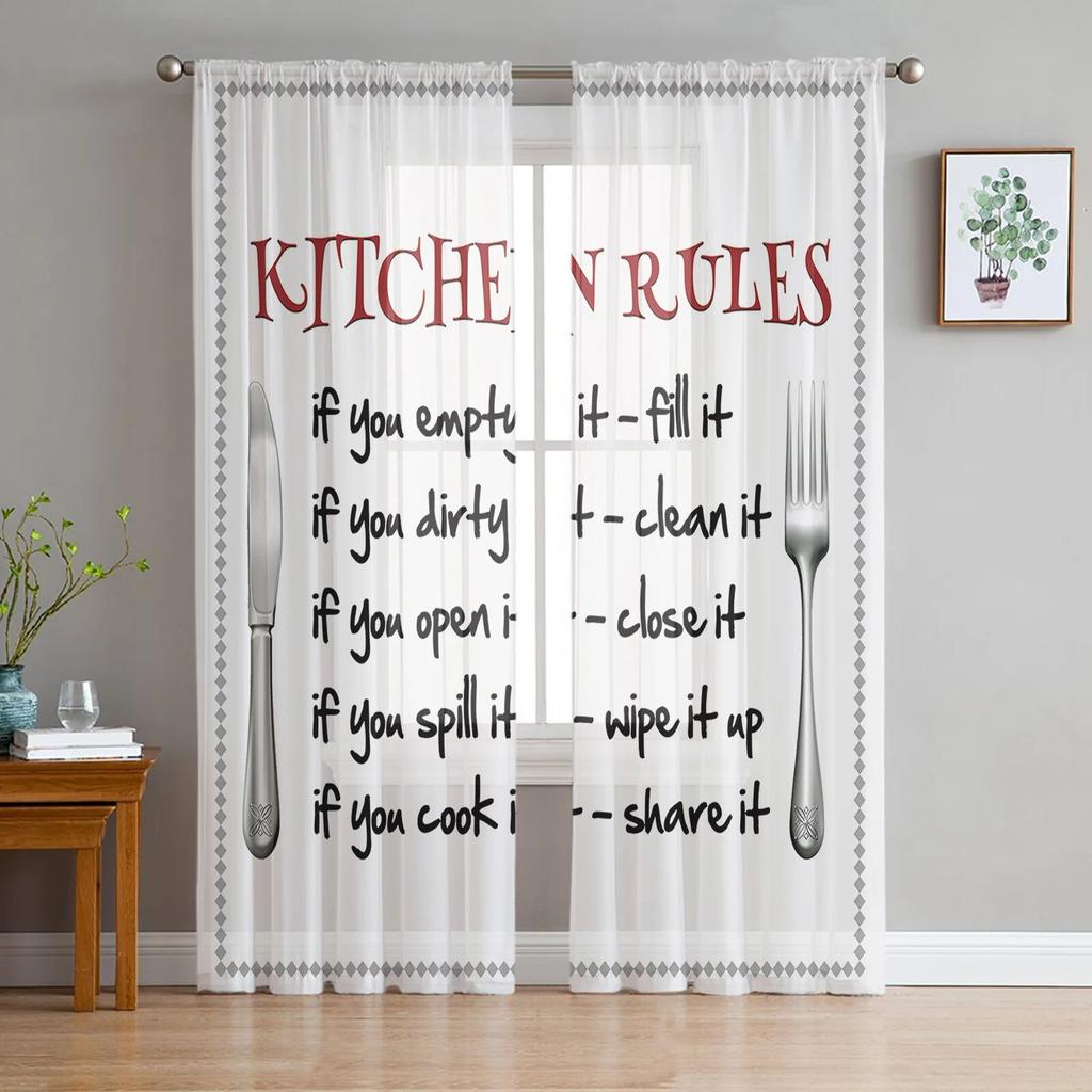 Kitchen Utensils Plaid Tulle Curtains For Living Room Chiffon Voile Sheer Window Curtain For Bedroom