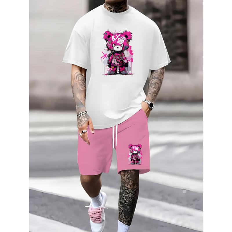 Summer 2026 new 3D bear graphic print fashionable, simple, casual and breathable men's set