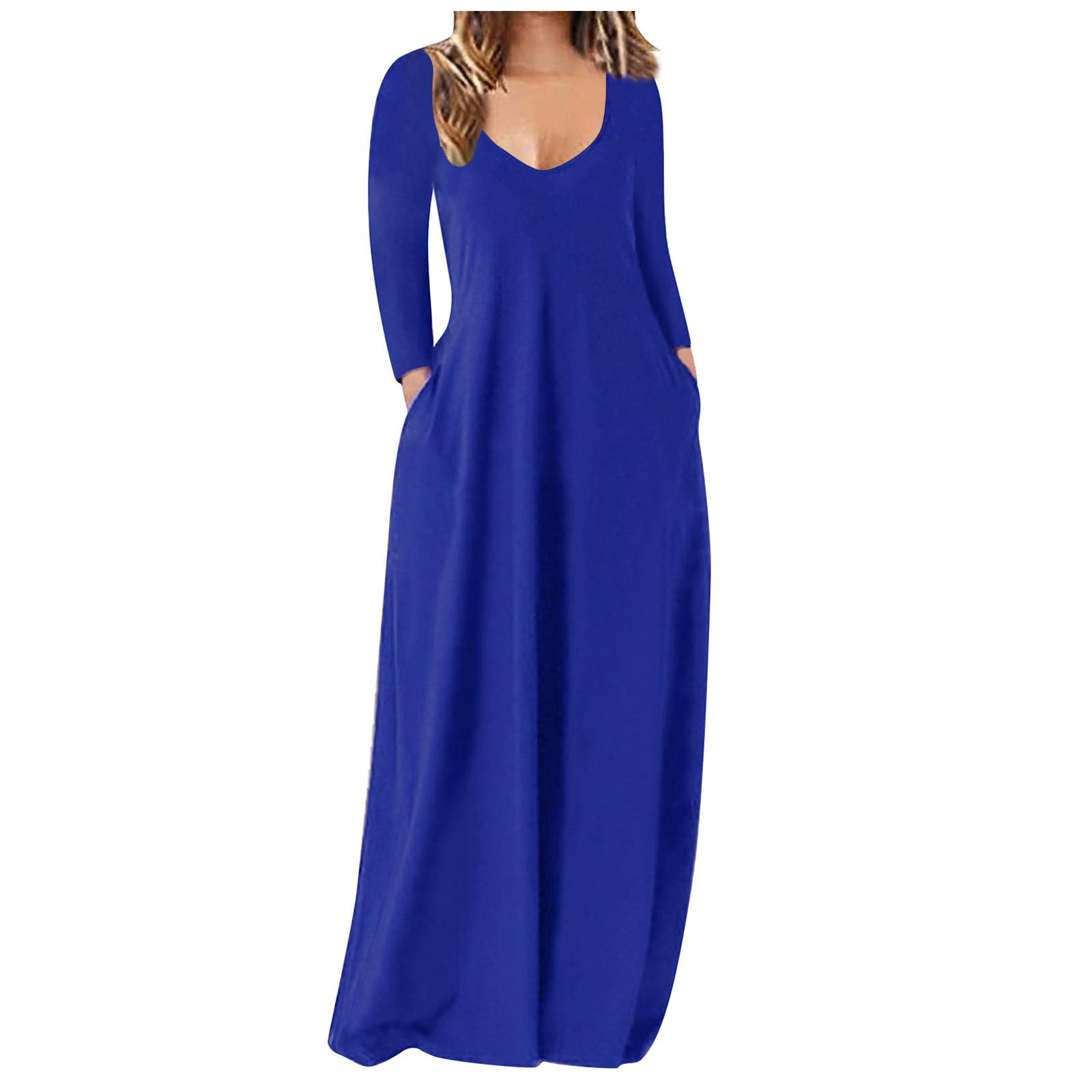 

Женское повседневное свободное однотонное длинное платье сексуальное платье с глубоким V-образным вырезом и длинным рукавом XXL синий
