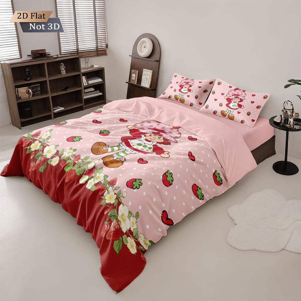 3Pcs Pink Strawberry Girl Printed Down Duvet Cover Set, Multi Size Bedroom Bedding Decoration, Machine Washable