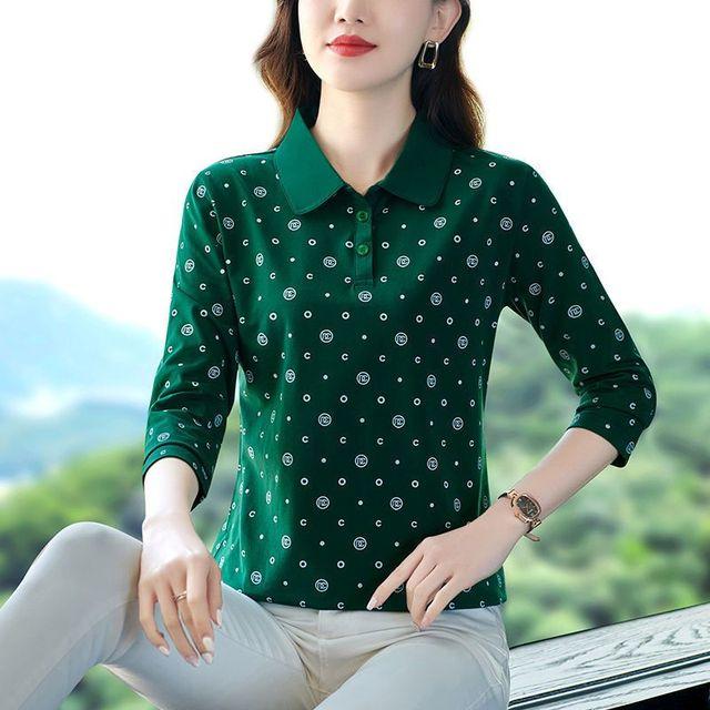 

Весна Осень Футболка с длинным рукавом Женская Новая Модная Мама Чистый Хлопок Поло Рубашка Свободный Принт Верх M-5XL XXL