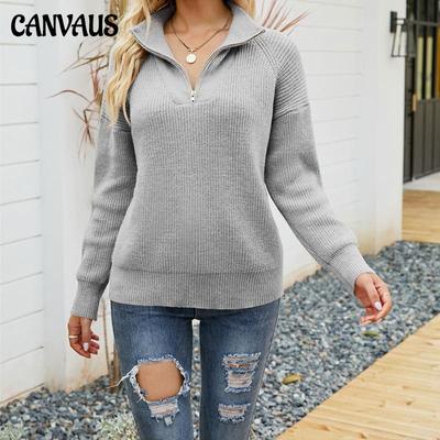 Herbst und Winter Damenmode gestreifter Colorblock-Strickpullover Langarm-Reißverschluss-Reverspullover