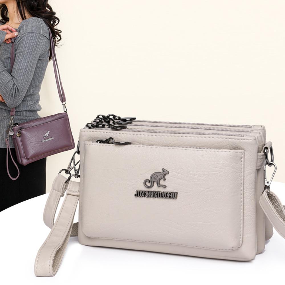 Retro Multiple Zip Pockets Shoulder Bag Soft Square Phone Bag PU Leather Crossbody Bag  Elderly