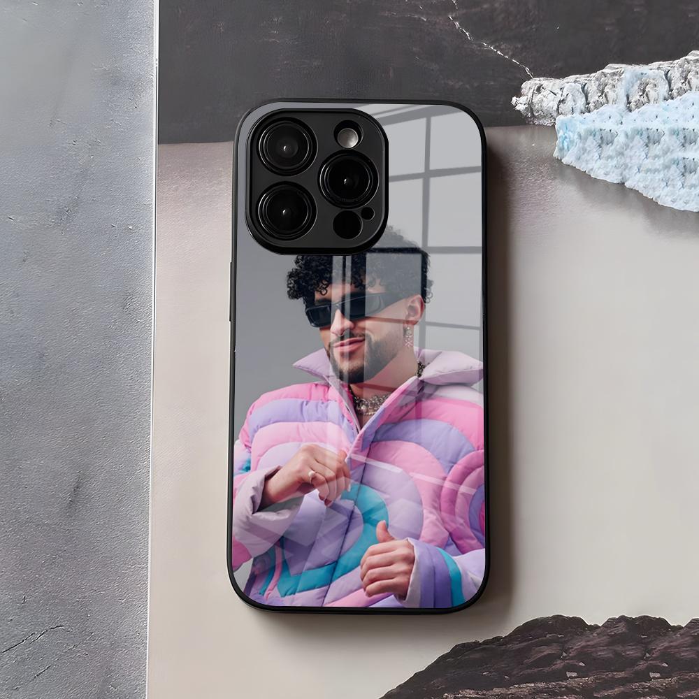 

Singer B-Bad Bunny Phone Case For IPhone 17 Air 16 E Pro Max 15 14 13 Mini 12 Pro 11 Max Plus Black Glass Cover iPhone 16e