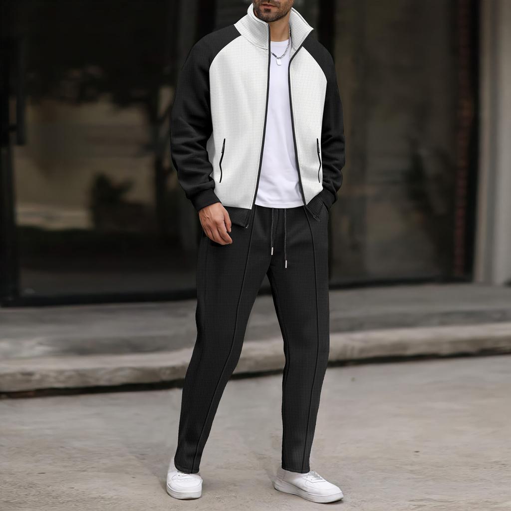 Men  Waverg  Zipper  Pocket  Flip Collar  Self-Cultivation  Cardigan  Jacket  Set