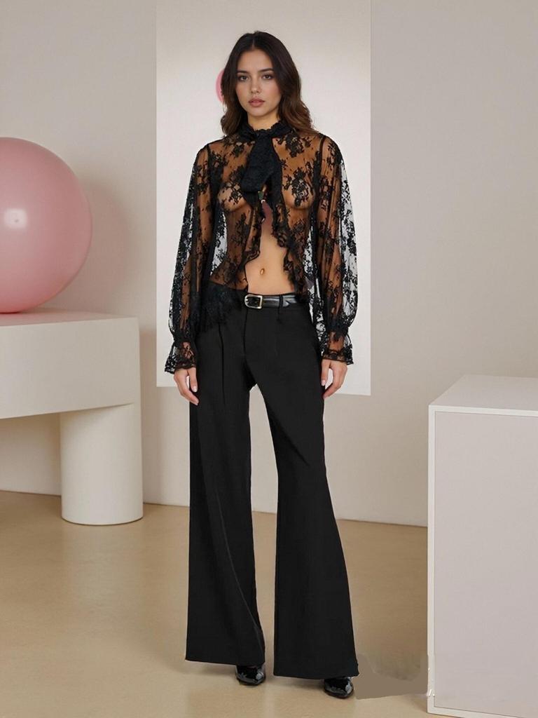 Frühlingshafter Euro-Amerikanischer Stylischer Durchsichtiger Spitzen-Langarmtop