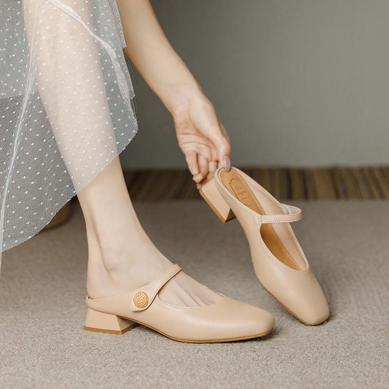 Genuine Leather Women's Chunky Heel Pointed Toe Slippers - Versatile French Style for Spring/Summer