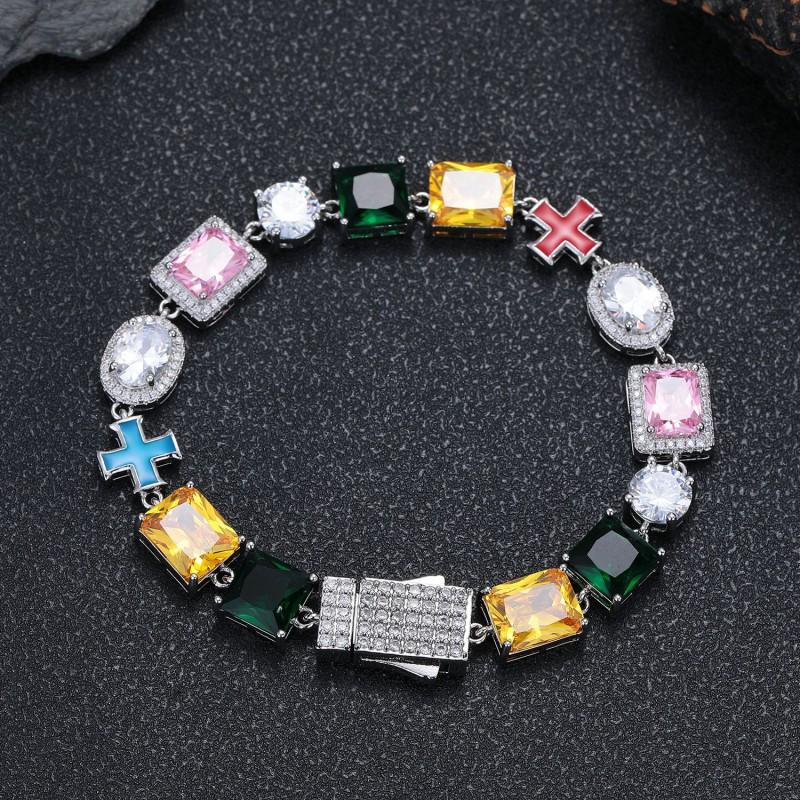10mm Colorful Gemstone Bracelet Cross Necklace Gold Plated Zinc Alloy Jewelry Women Men Daily Wear 1641CM
