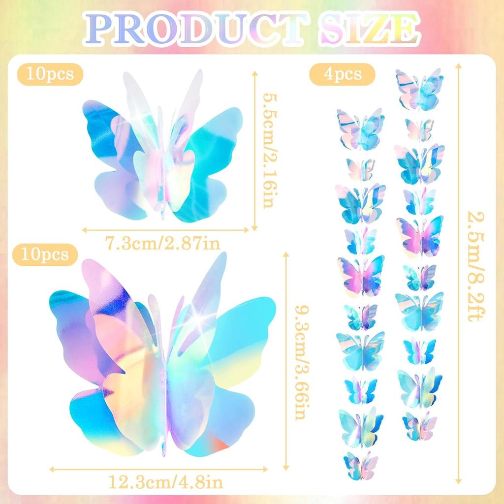 4PCS Butterfly Garland Butterfly Birthday Decorations 3D Iridescent Butterfly Hanging Garland for Graduation Wedding Birthday Fairly Baby Shower