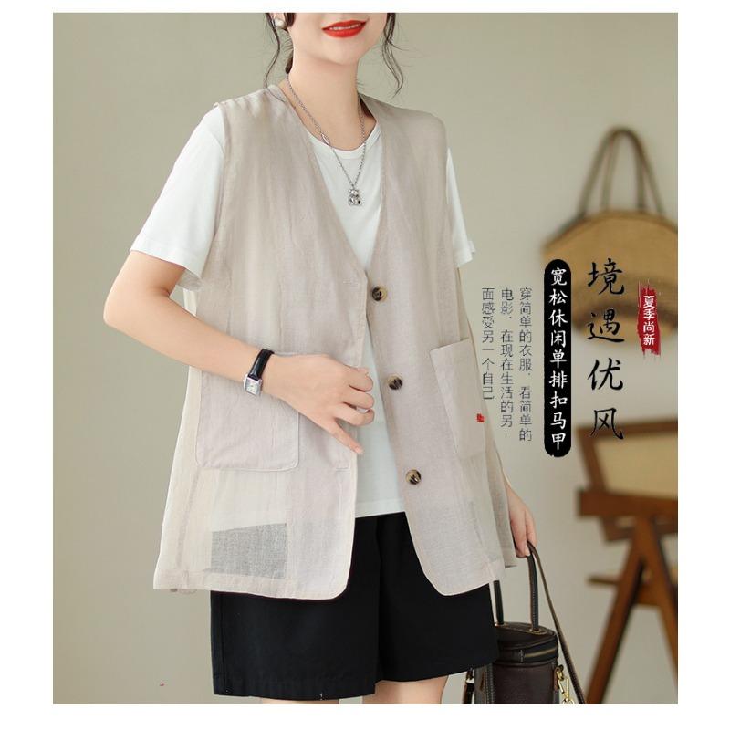 Women Plus Size Linen Blend Sleeveless Vest Open Front V Neck Top