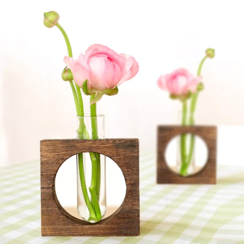 Hydroponic Plants Container with Wood Frame Transparent Glass Test Tube Vase Flower Pot Home Tabletop Bonsai Decorations Crafts