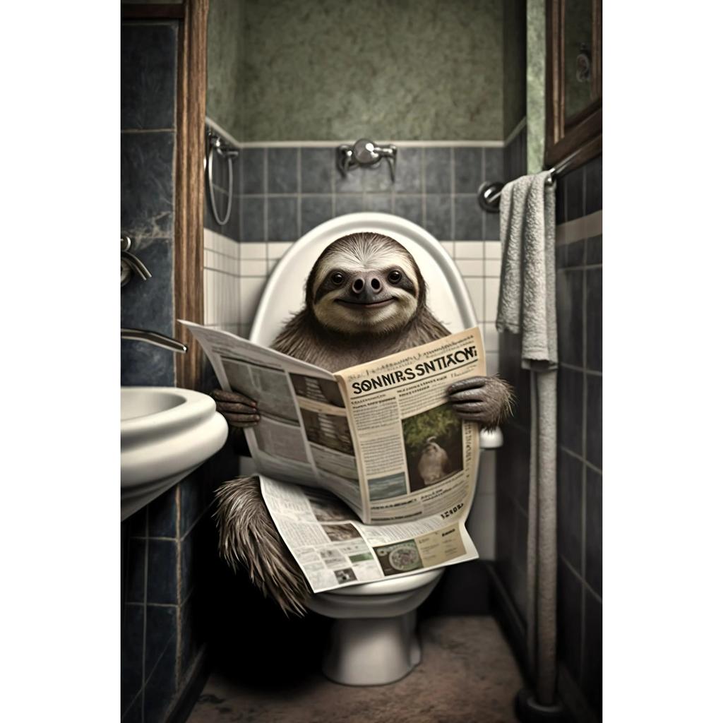 Funny Bathroom Humorous Animal Wall Canvas Paintings Decor Bear Dog Tiger Sitting On Toilet Reading Newspaper Poster Art Print