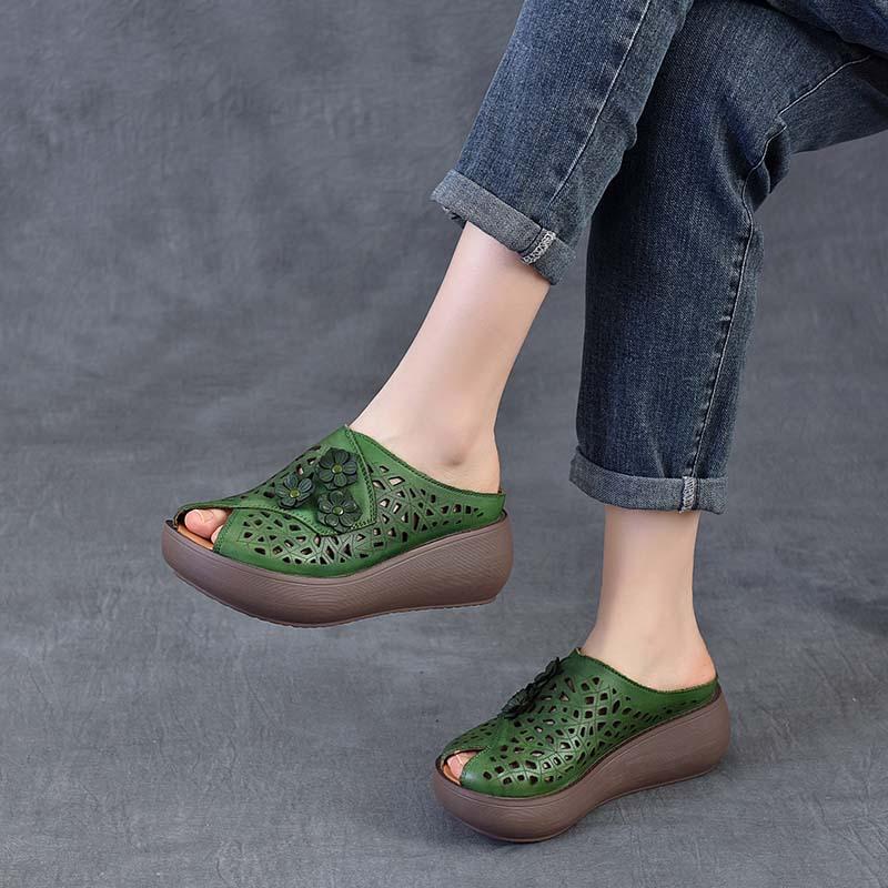 Fashion 6cm Genuine Leather Appliques Flower Wedge Slipper Platform Sandals Peep Toe Fashion Women Hollow Fashion Summer Shoes