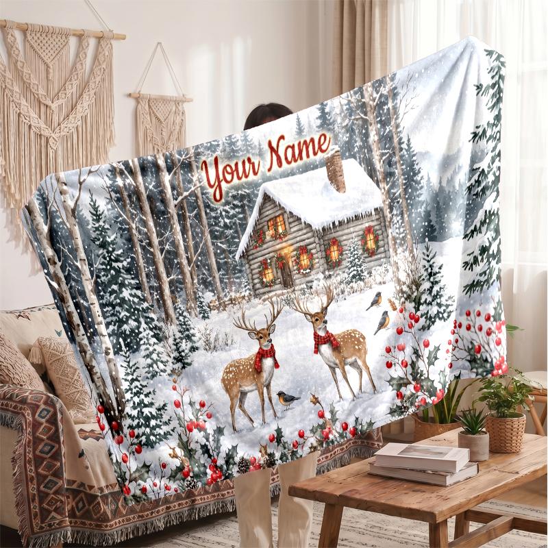 Christmas Custom Name Printed Flannel Blanket Warm Comfort Bed Throw Home Decor Holiday Gift