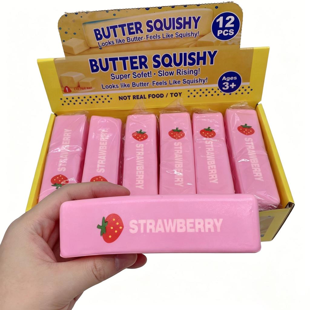 1Box Pink Strawberry Butter Stick Squishy Toy Realistic Fake Food Wet Soft Pu Bread Squeeze Asmr Desk Decor Anxiety Reducer Gift