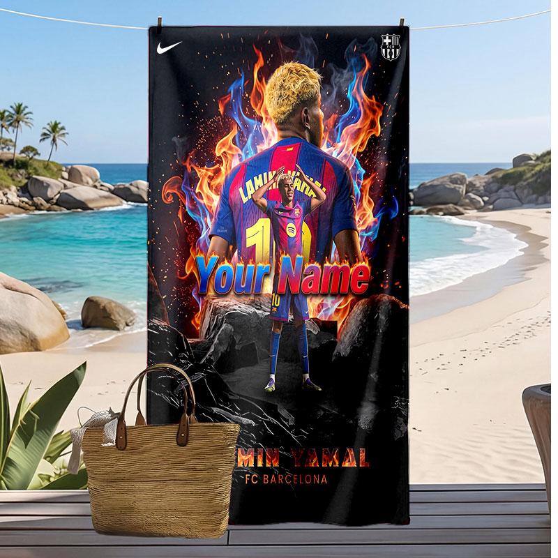 Lamine Yamal Personalized Printed Beach Towel Soccer Logo Support Custom Name Text Absorbent Towel For Sport Travel Special Gift