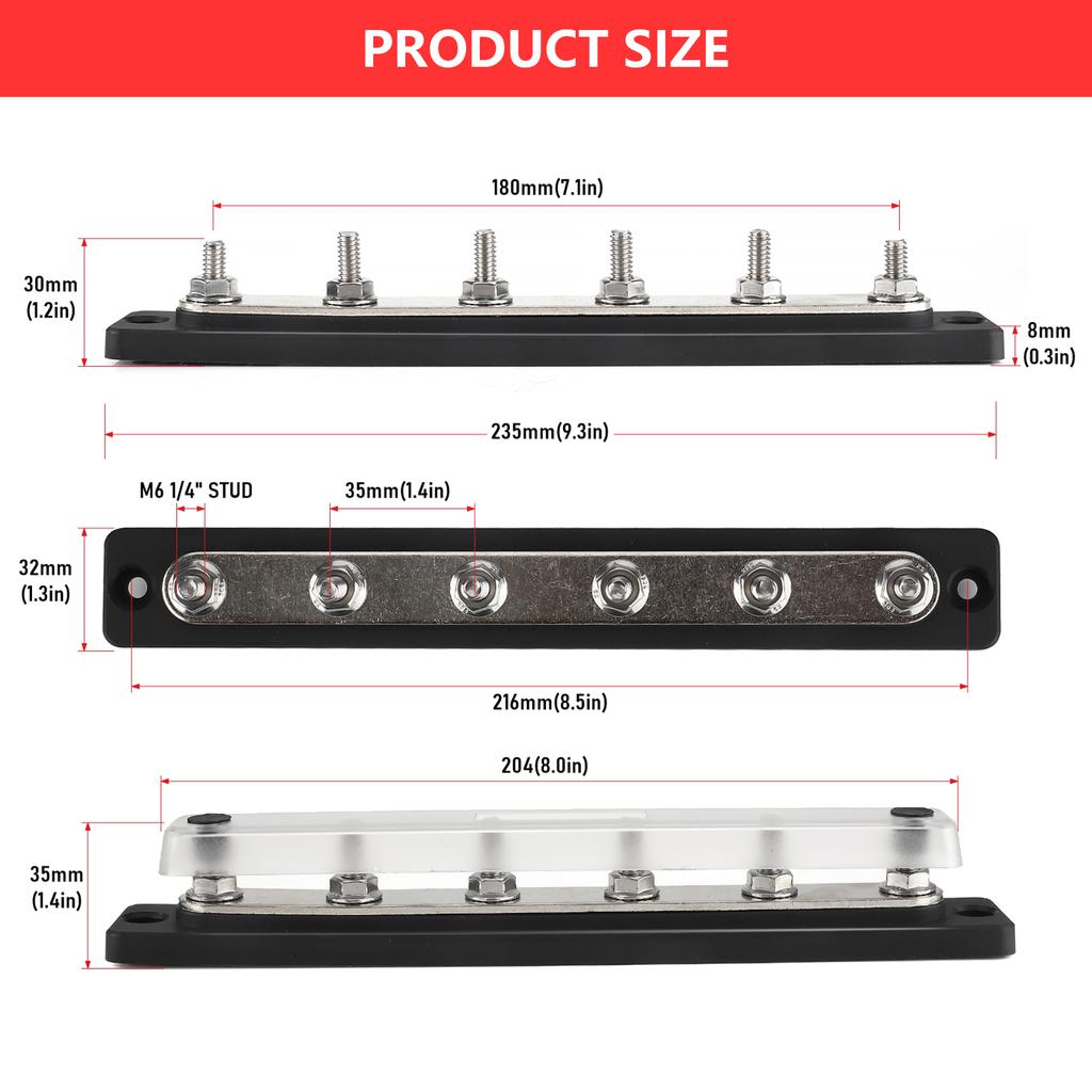 Power Distribution Block 6 x 1/4 Studs Black 12V-36V 150A M6 6 Position with Cover 10-32 Brass Studs Nuts For Automotive Marine
