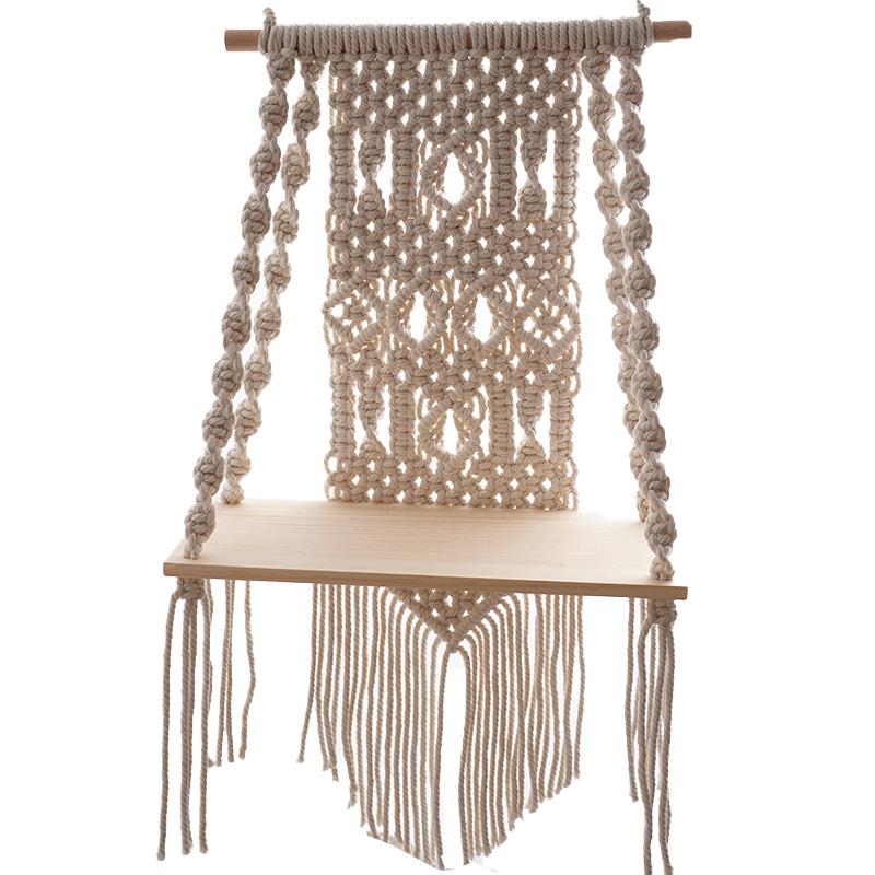 Handmade Tassel Macrame Tapestry Wall Hanging Shelf Boho Cotton Rope Woven Plant Hanger Wood Floating Shelf Wall Decoration