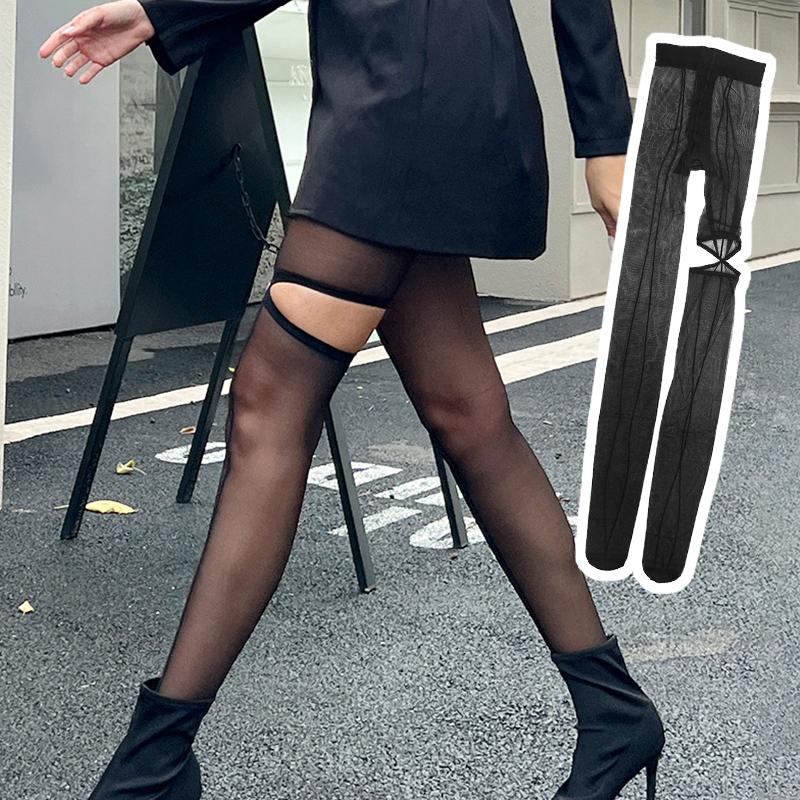 1Pair Vertical Line Hollow Out Female Stockings Personality Tights Asymmetry Leggings Girl Nylon High Pantyhose