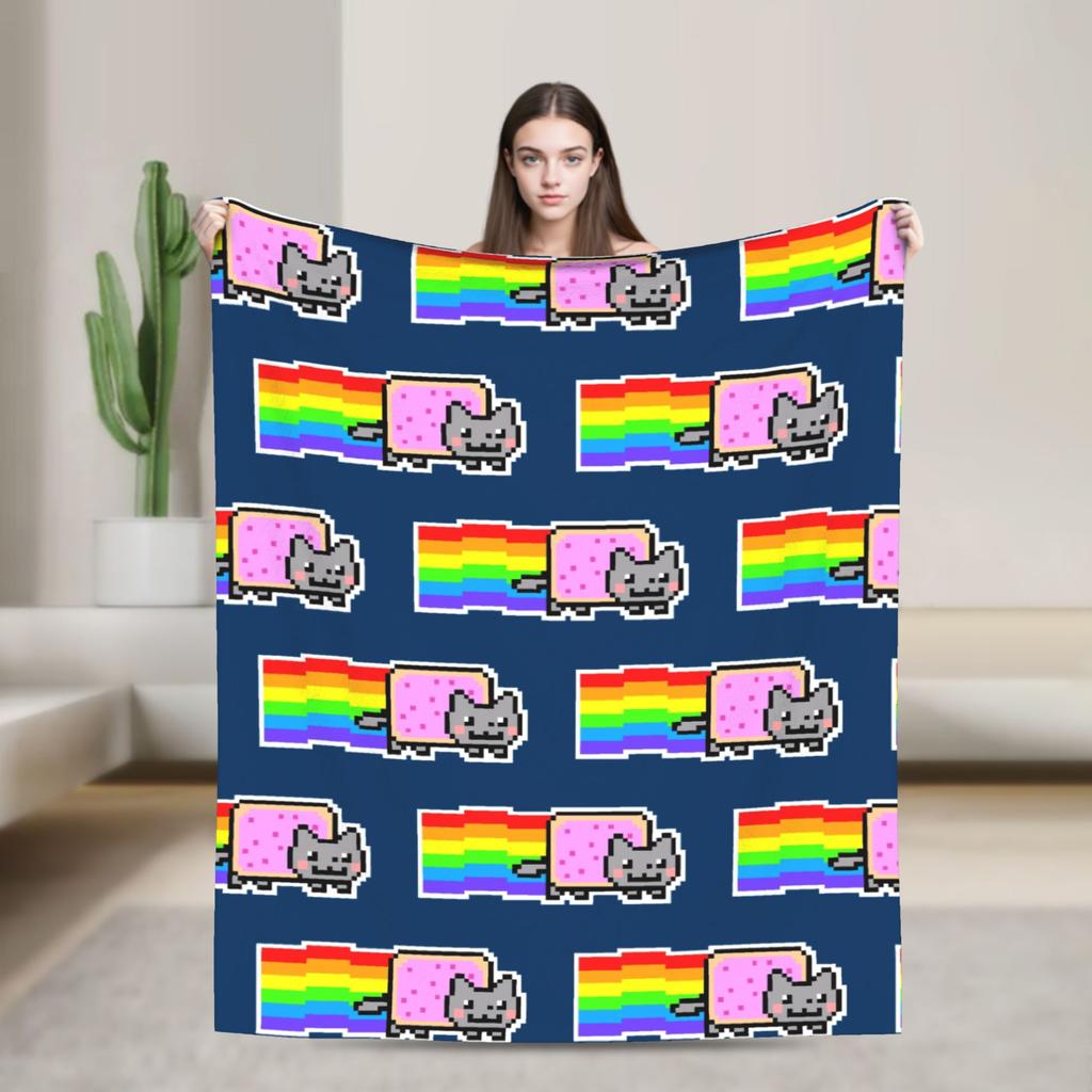 Katze Regenbogen Pixel Welt Nyans Decken Fleece Frühling Herbst Atmungsaktiv Super Warm Überwurfdecken für Bettwäsche Sofa Teppich Stück