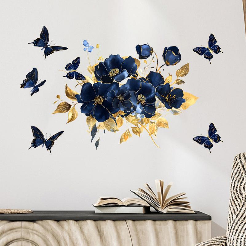 Blue Floral Butterfly Wall Sticker Self Adhesive Home Decor for Living Room Bedroom Bathroom Entrance Background Removable Decal