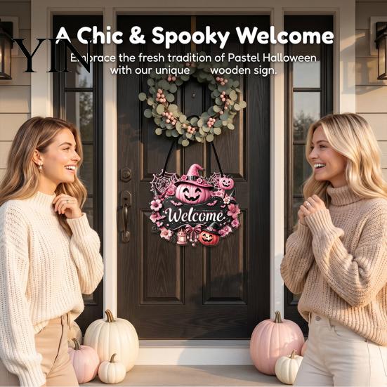 Wooden Craft Hanging Decoration Halloween Pumpkin Ghost Welcome Door Hanger Sign, Cute Wall Ornament with Bell Holiday Sign for Store Entry