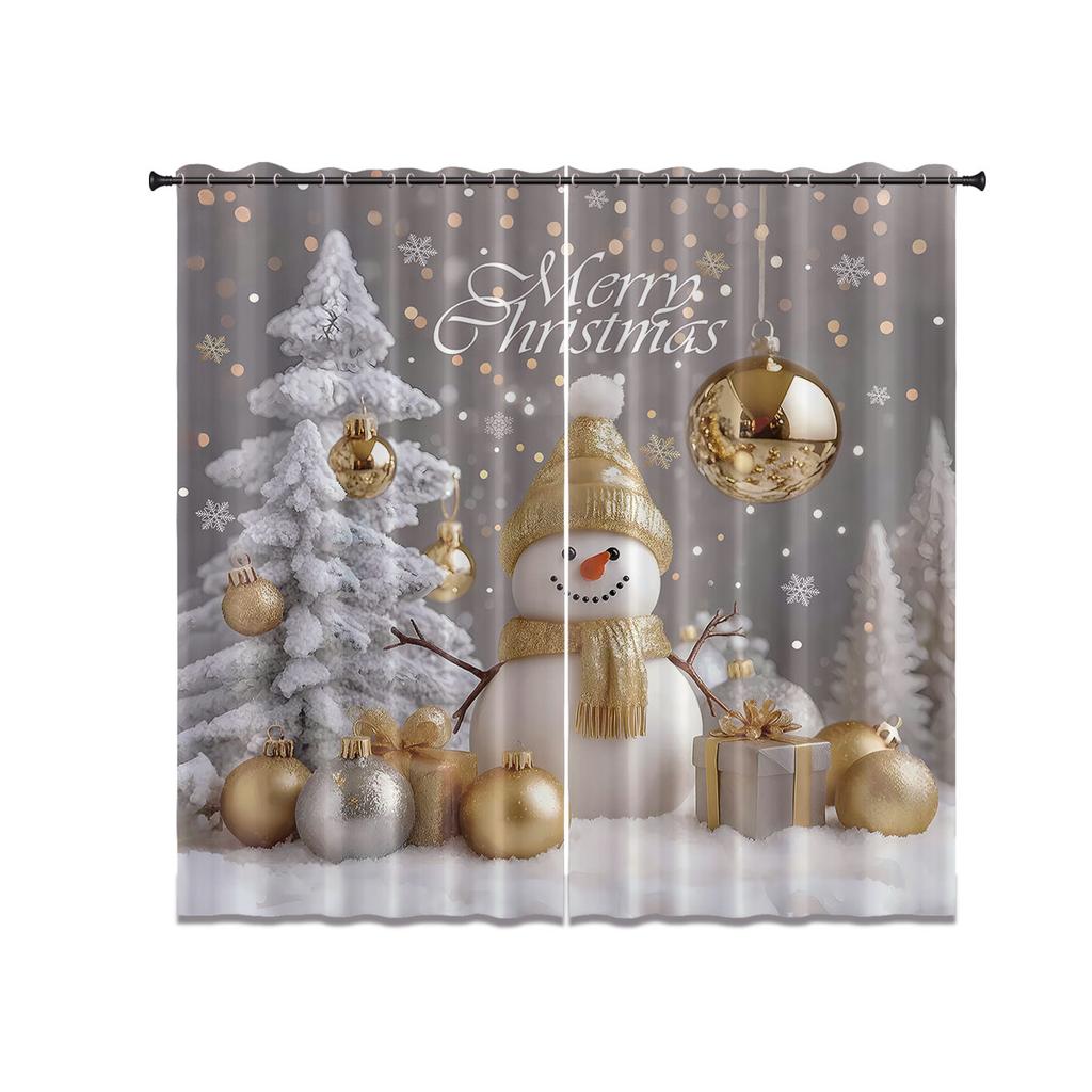 2pcs Christmas tree snowman white printed blackout curtains insulation multiple sizes living room decoration, machine washable