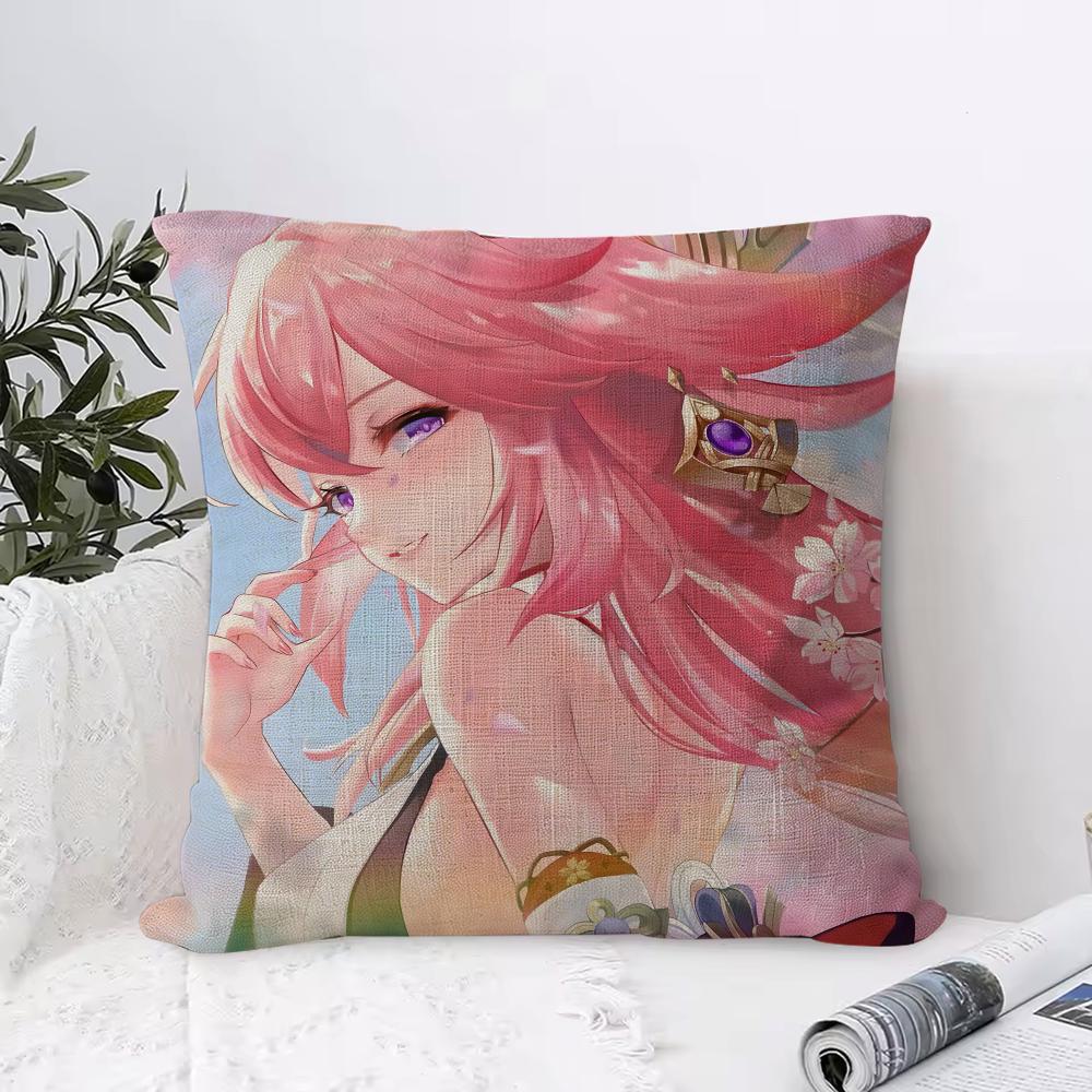 Genshin Impact Yae Miko Cushion Cover Eco Linen Pillow Case DoubleSided Print Breathable Durable Zipper Home Decor Gift